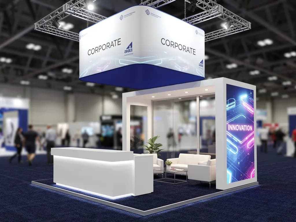 Apex 30x30 Modular Island Exhibit with Dual Presentation Zones
